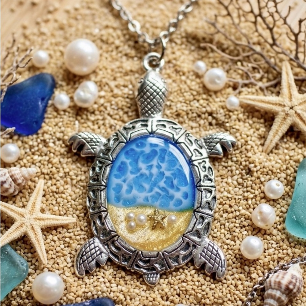 Blue & Gold Turtle Pendant Necklace - Coastal Resin Charm